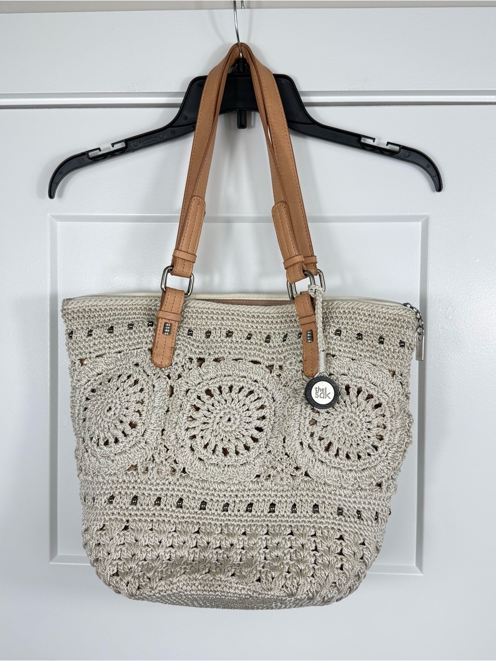 The Sak Silverwood Crochet Shopper Tote Natural Medallion Beige Tan Boho